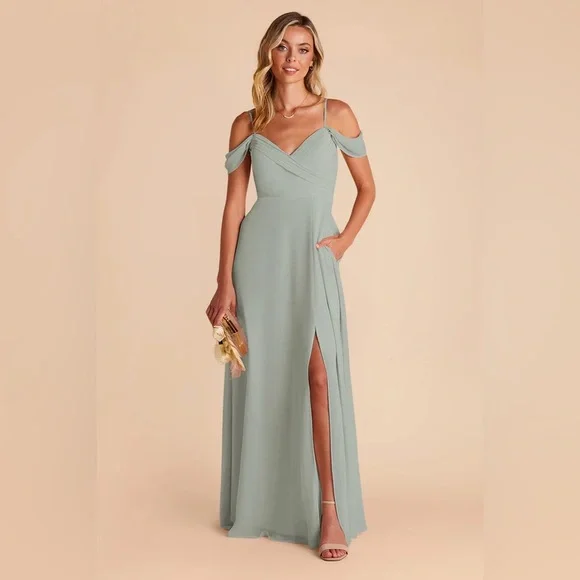 slim fit dress slacks Zapaka Women Grey Green Printed Flower Bridesmaid Dress with Slit Square Neck Chiffon Wedding Guest Dress, Dusty Sage / US20W main image 1